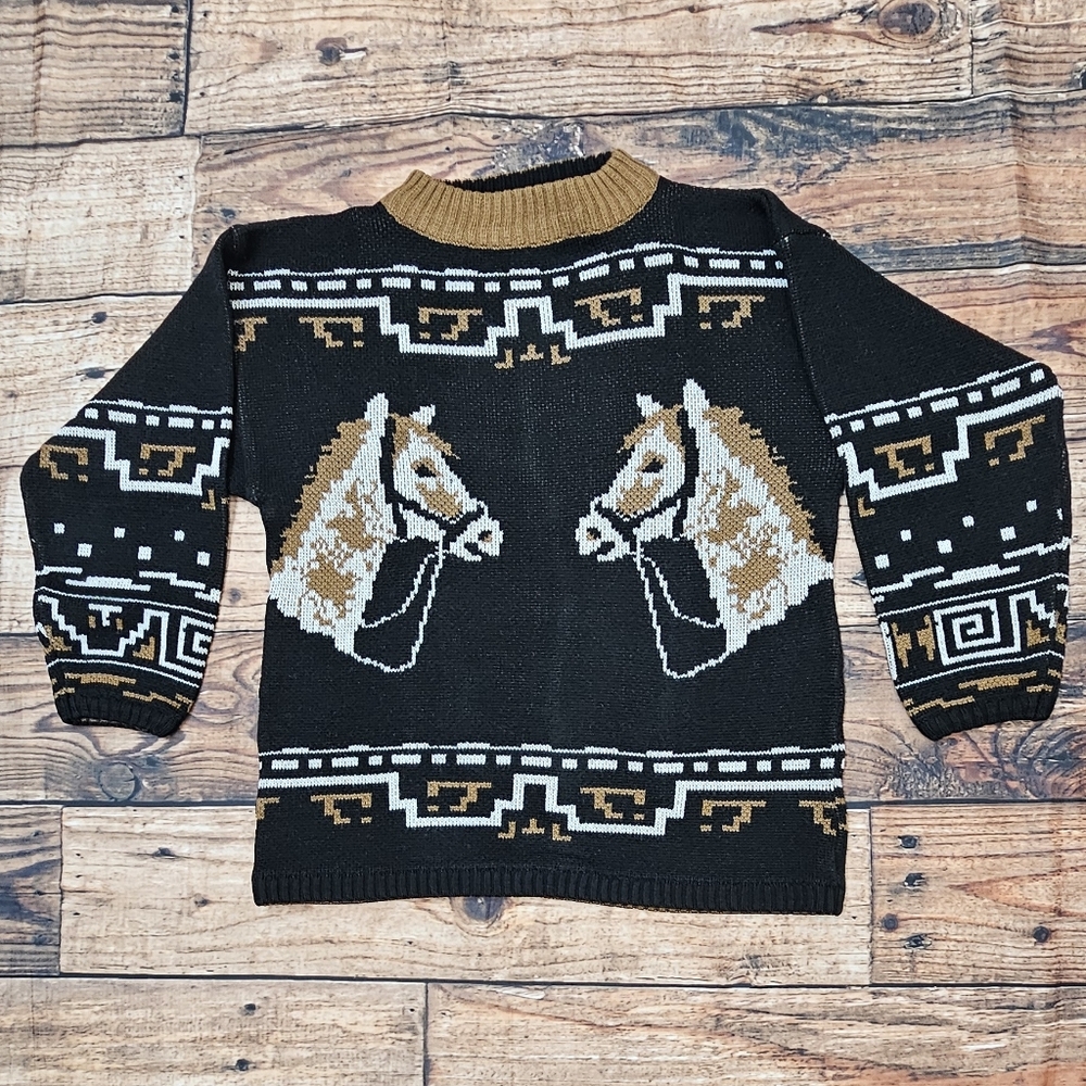 Vintage Design Zone Wild Horse Cardigan Equestrian Knit Sweater Women's Size Med